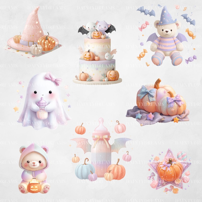 May include: A collection of whimsical Halloween-themed illustrations. Includes a witch's hat with pumpkins, a multi-tiered cake with bats and pumpkins, a teddy bear in a wizard hat, a ghost holding a bottle, and a baby bottle with bat wings.