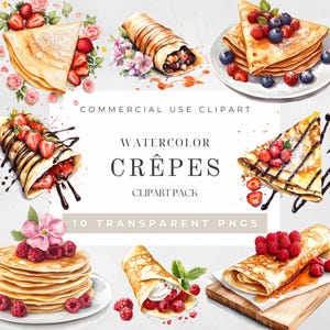 Crêpes Clipart Aquarelle, Clipart Petit-déjeuner, Autocollant Planificateur de Crêpes, Art Alimentaire, Nourriture Imprimable PNG, Clipart Dessert, Téléchargement Instantané
