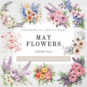 Clipart For May, Floral Spring Watercolor Clipart, Lily Of The Valley PNG, May Flowers, May Clipart, Floral Arrangements, Digital Download