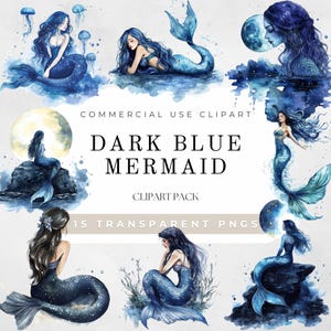 Clipart aquarelle de sirène bleu foncé, sirène gothique PNG, images de sirène fantastiques, clipart océan sombre, aileron de sirène, art de sirène aquarelle
