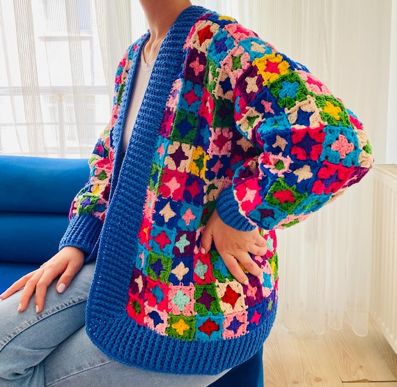 Granny Square Crochet Cardigan: Denim Blue Boho Festival Jacket