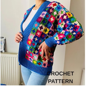 May include: A vibrant, handmade crochet cardigan featuring a patchwork design with a mix of colorful squares. The cardigan has a deep blue border and sleeves, with the text "CROCHET PATTERN" at the bottom.