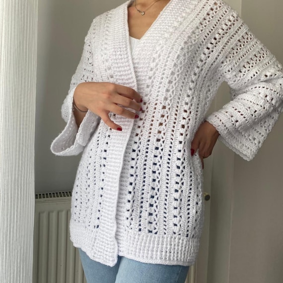 Handmade White Crochet Cardigan: Lightweight Boho Knit Open Front