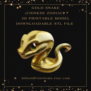 May include: A 3D printable model of a gold snake, representing the Chinese Zodiac animal. The snake is curled up with its head facing the viewer. The model is available for download as an STL file.