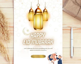 Puede incluir: Una tarjeta de felicitación blanca con tres linternas doradas, una luna creciente y el texto Happy Eid Mubarak. Debajo del texto dice Let's celebrate this Eid by spreading love, joy, and peace to everyone around us, con una ilustración de dos niños.