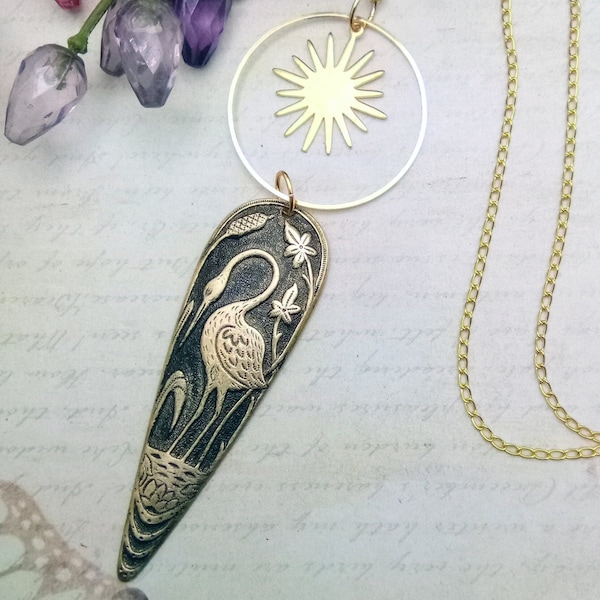 art nouveau  jugendstil heron goddess athena brass  necklace pendant  art deco crane gingersnappygems