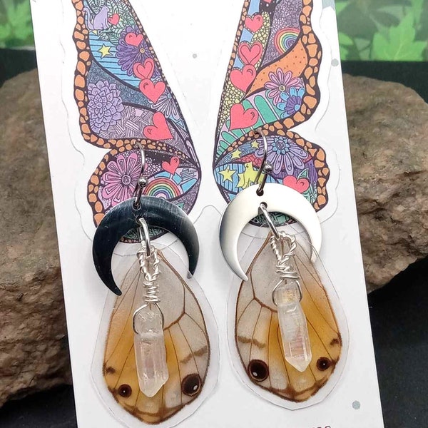 real butterfly wing earrings quartz point  ethically sourced and cruelty free  boho hippy style jewelry fairy wings crescent moon