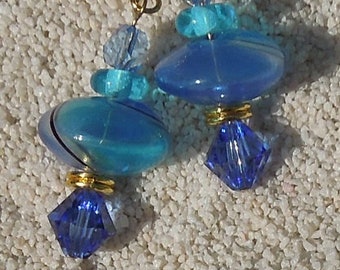 SWIRLY EARRINGS, Blue and Aqua Gold Glass Beads Earrings Gift For Women, Hollow Glass, Lightweight Earrings