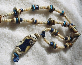 AKROTIRI, Cream & Blue BEADED DESIGNER Ceramic Pendant Gold Filled Necklace, 1st Anniversary Gift, Glass Necklace For Women Jewelry
