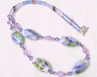 MONET'S LILIES, Purple Color Beaded Lovely Lily Pond Delicate Necklace, Crystal Women Jewelry Necklace For Wife Gift