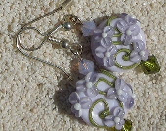 LILAC MIST EARRINGS, Swarovski Lilac Color Fancy Earlobe Glass Earrings Women Jewelry, Decorated Floral Purple Earrings