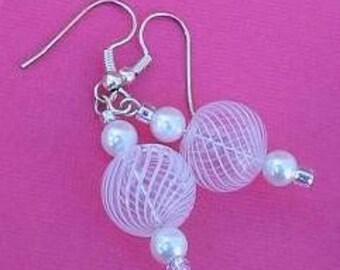 BRIDAL SWIRL EARRINGS, Glass Bead Earrings, Round Glass Beads Cute White Swirls Earrings Perfect For The Bride