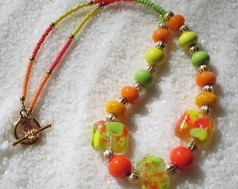 SALSA NECKLACE, Pretty Square Tab Focal Orange Green Mango And Yellow Pineapple Textured BEADS Gold Plated Necklace