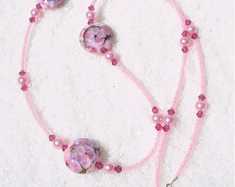 FORGET ME NOT Necklace, Swarovski Crystals & Pearls, Hand Made Lamp Work Glass Beads Necklace, Pink, Fuchsia