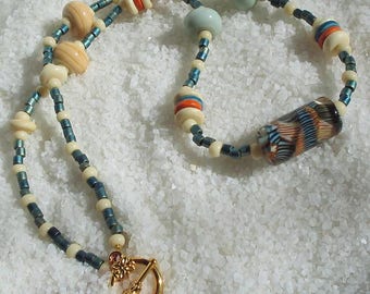 DOWN THE SHORE, Deep Aqua Metallic Beaded Designer Ceramic Pendant Necklace, Seed Beads Necklace For Women 1st Anniversary Gift