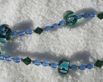 SPRING RAIN NECKLACE, Blue Glass Beaded Raindrop Swarovski Crystal Adjustable Toggle Toggle Closure Necklace For Women Jewelry