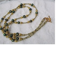 Within The PYRAMID SEASHELL NECKLACE, Dark Pearl Necklace, Fabulous Golden Treasure Necklace Sea Shell Jewelry, Beaded Necklace For Wife