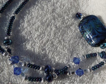 DEEP BLUE DEPTHS, Dark Blue Lamp work Beaded Chain Necklace, Everyday Designer Pendant  Toggle Closure Necklace