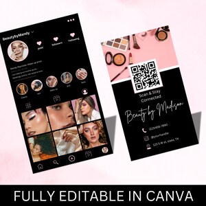 Carte de visite Instagram 2025 pour maquilleuse, carte de visite avec code QR, carte de visite bricolage en toile, modèle de médias sociaux, carte de visite prédéfinie