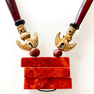 Precolumbian gold museum replica necklace. Red sponge coral.