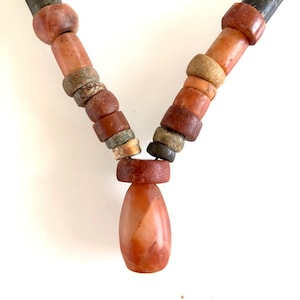 Authentic precolumbian Tairona carnelian, agate bead matinee length necklace.