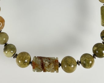 Gaspeite, Serpentine, Hand Carved Carnelian, Hand Made Gaspeite Clasp, Bali Sterling Silver Necklace (247)