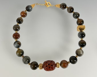 Chrysoberyl and Hand Carved Carnelian, 24k Gold Vermeil Necklace (432)