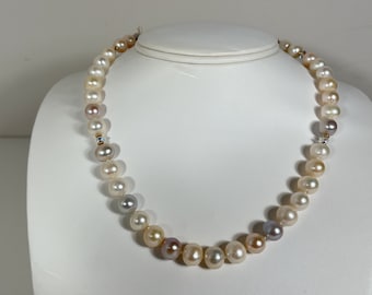 Cultured Pearls, 10 mm;  Swarovski Crystals; 14k Gold Necklace (160)