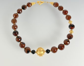 Poppy Jasper, Faceted; Hand Carved Onyx, 24k Gold Vermeil Necklace (384)