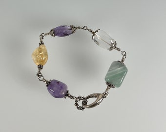 Semi-Precious Gemstones: Fluorite, Amethyst, Crystal, Bali Sterling Silver Bracelet (95)