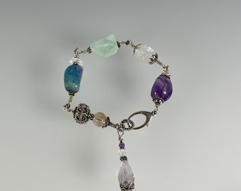 Semi-Precious Gemstones: Fluorite, Amethyst, Carved Crystal, Bali Sterling Silver Bracelet (108)