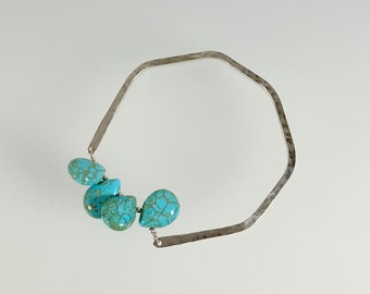 Geometric Bracelet; Septagonal Hand Forged Silver Filled, Turquoise Teardrops, Sterling Beads (607)