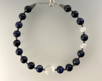 Sodalite, Hand Carved Rock Crystal, Bali Sterling Silver Necklace (439)