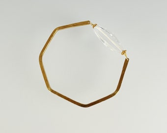 Geometric Bracelet; Septagonal Hand Forged Brass, Faceted Rock Crystal (608)