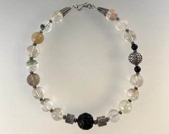 Rutilated Quartz, Hand Carved Jet, Bali Sterling Silver Necklace (282)