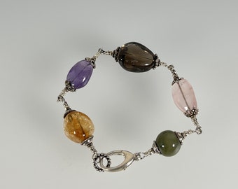 Semi-Precious Gemstones: Rose Quartz, Amethyst, Turquoise, Bali Sterling Silver Bracelet (107)