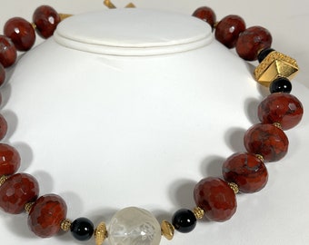 Poppy Jasper, Faceted; Hand Carved Rock Crystal and Onyx, 24k Gold Vermeil Necklace (346)