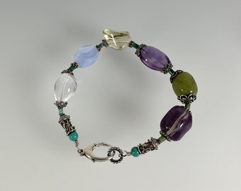 Semi-Precious Gemstones: Chalcedony, Amethyst, Crystal, Fluorite, Bali Sterling Silver Bracelet (120)