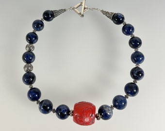 Sodalite, Hand Carved Coral, Bali Sterling Silver Necklace (442)