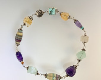 Semi-Precious Gemstones: Fluorite, Citrine, Amethyst, Turquoise, Bali Sterling Silver Necklace (66)