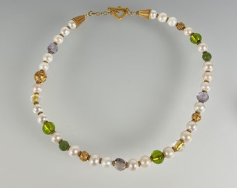 Cultured Pearls;  Venetian Murano Glass;  Faceted Ametrine; 24k Gold Vermeil Necklace (377)
