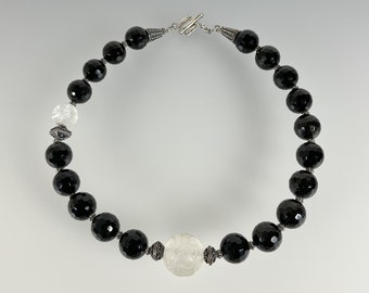 Golden Rainbow Obsidian, Faceted; Hand Carved Rock Crystal; Bali Sterling Silver  Necklace (344)