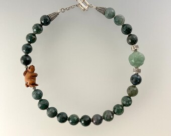 Moss Agate, Faceted; Hand Carved Boxwood Rabbit, Burmese Jade Necklace (413)