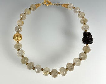 Faceted Rutilated Quartz and Hand Carved Rabbit, 24k Gold Vermeil Necklace (437)