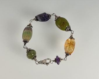 Semi-Precious Gemstones: Turquoise, Amethyst, Rainbow Fluorite, Bali Sterling Silver Bracelet (67)