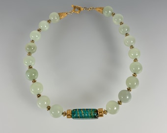 Burmese Jade, Venetian Murano Glass, 24k Gold Vermeil Necklace (359)