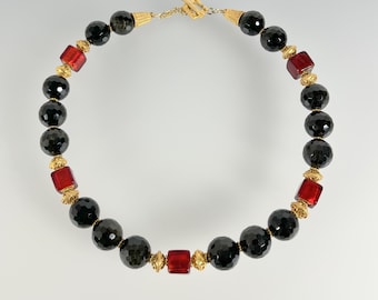 Golden Rainbow Obsidian, Faceted; Venetian Murano Glass; 24k Gold Vermeil Necklace (332)