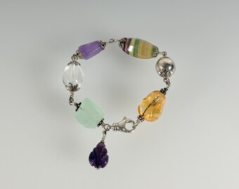 Semi-Precious Gemstones: Fluorite, Amethyst, Carved Crystal, Bali Sterling Silver Bracelet (92)