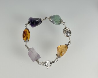 Semi-Precious Gemstones: Fluorite, Amethyst, Citrine, Bali Sterling Silver Bracelet (93)