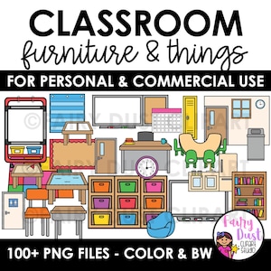 Könnte beinhalten: Eine farbenfrohe digitale Illustration mit verschiedenen Klassenmöbeln und -objekten. Das Bild zeigt Tische, Stühle, eine Tafel, eine Uhr, einen Kalender und Lagereinheiten. Der Text lautet "CLASSROOM furniture & things" und "FOR PERSONAL & COMMERCIAL USE."